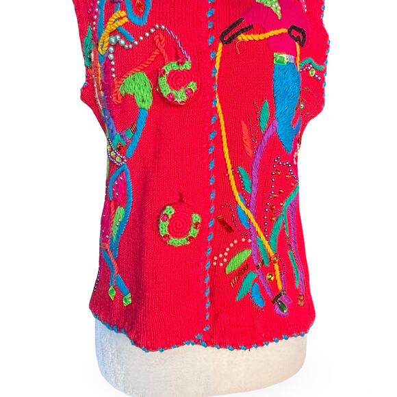 Michael Simon Bright Cherry Red Sleeveless Embroidered Cardigan Beaded Horse - Picture 5 of 16